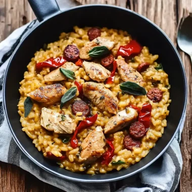 Savory Basque Risotto with Chicken, Chorizo and Peppers