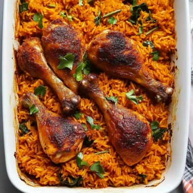 Baked Jollof Rice Loaded with Roasted Chicken Goodness