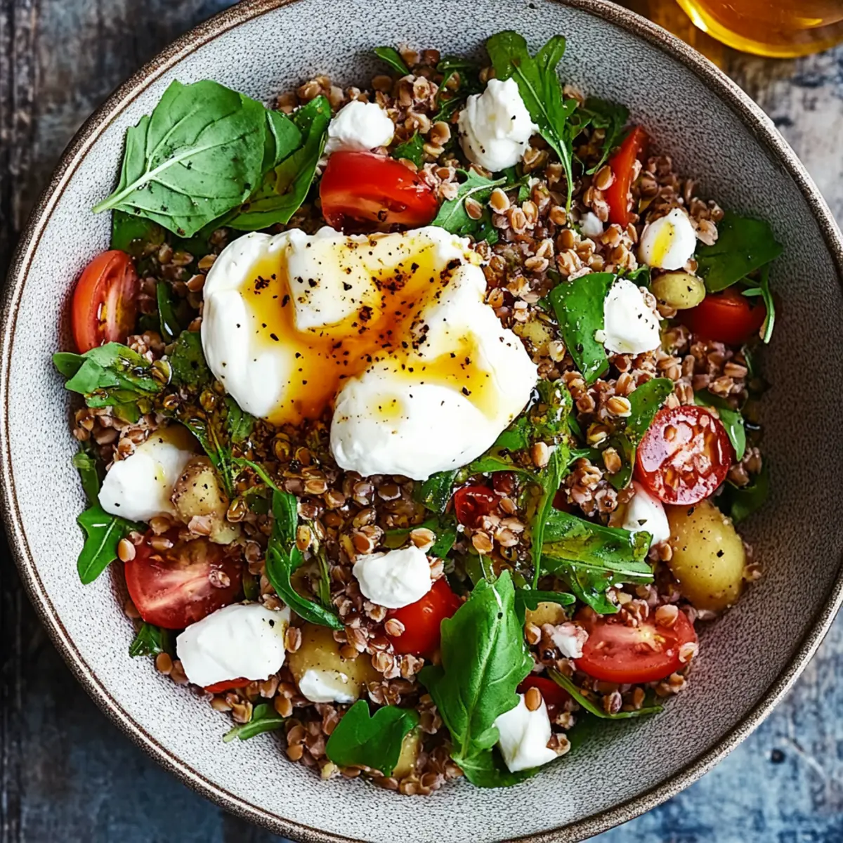 Warm Farro Salad with Burrata & Hot Honey Vinaigrette