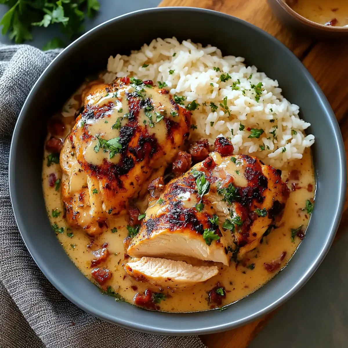 Sweet & Savory Chicken with Spicy Carbonara Brothy Rice Bliss