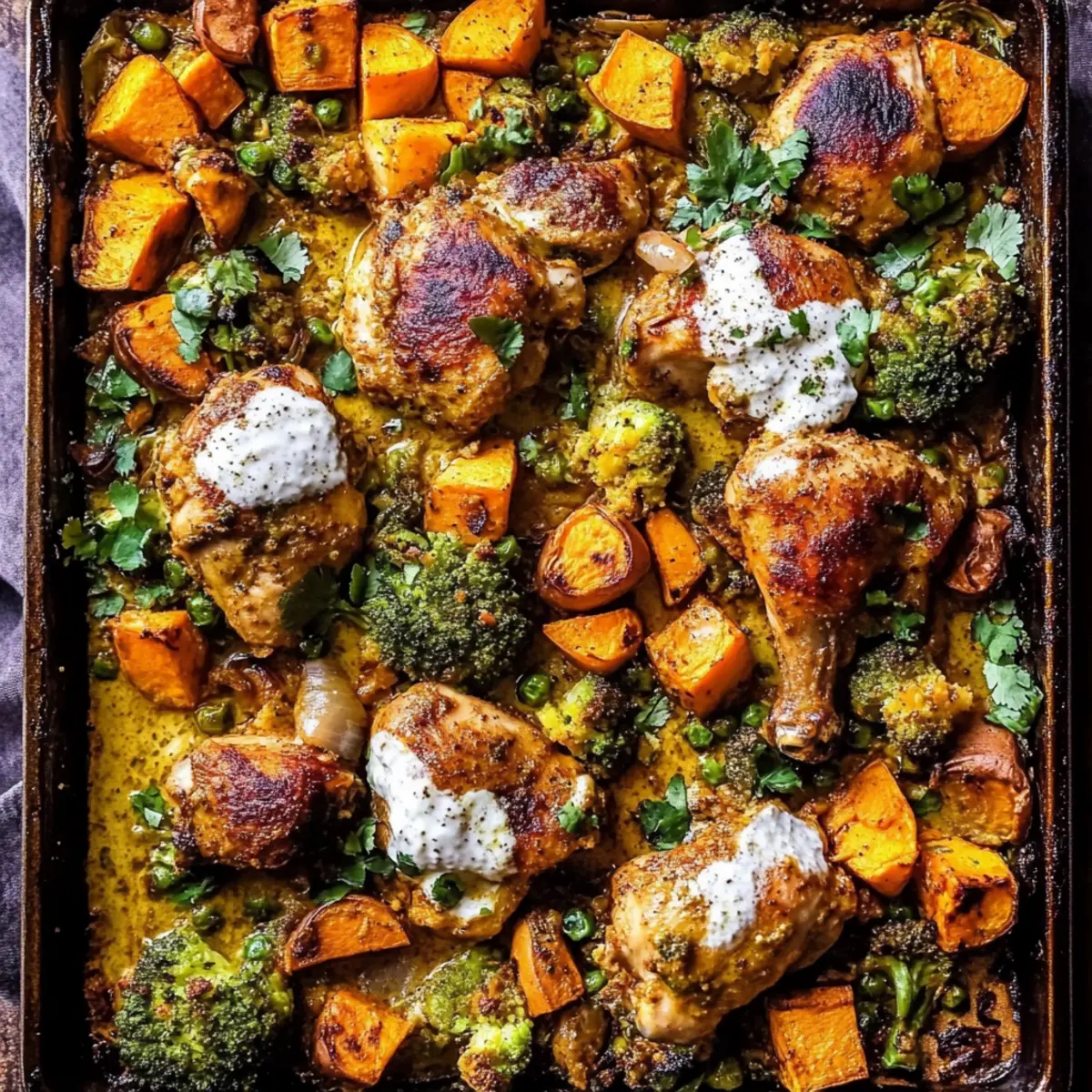 Savory Sheet Pan Curry Butter Chicken with Sweet Potatoes