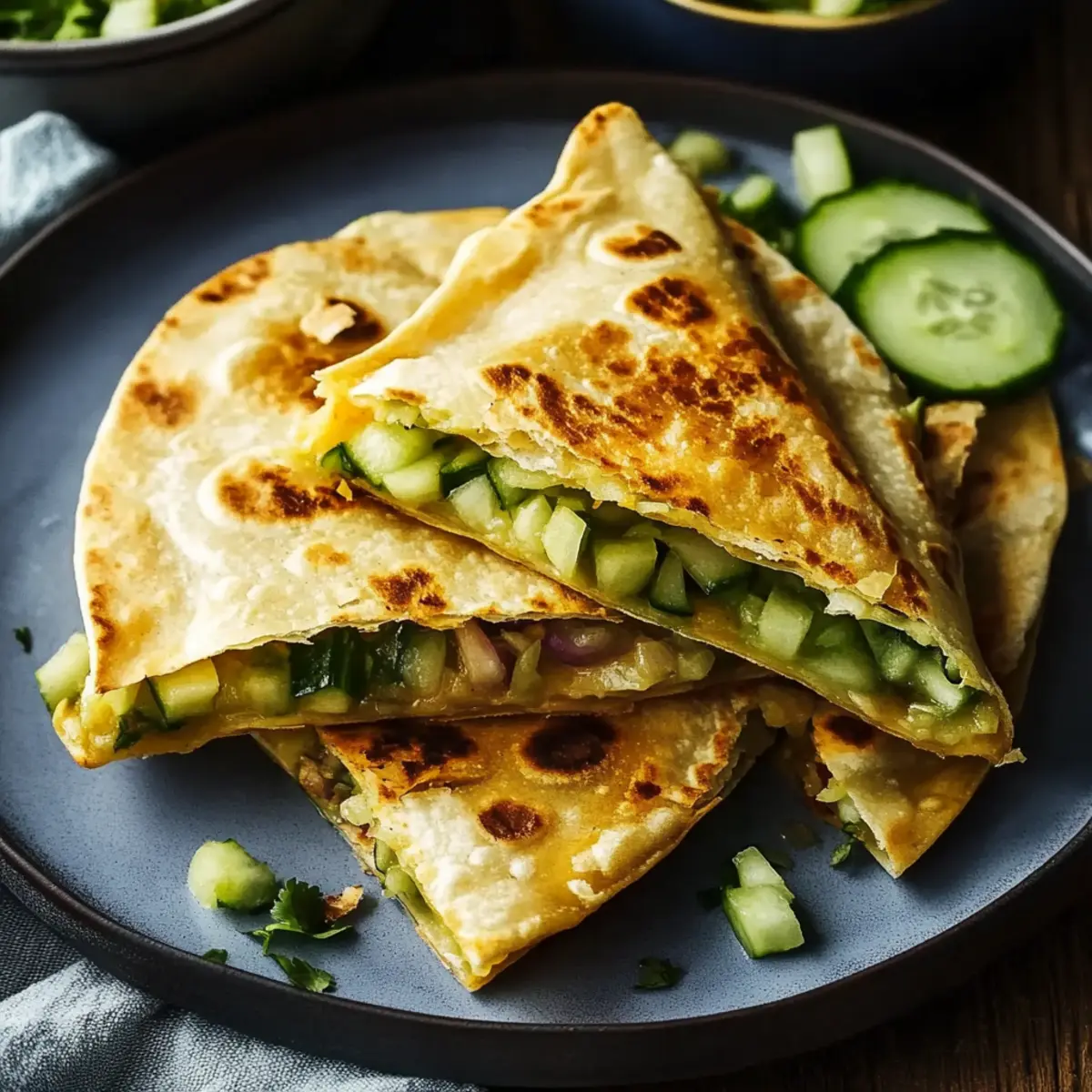 Crispy Samosa-dillas with Cucumber Salad